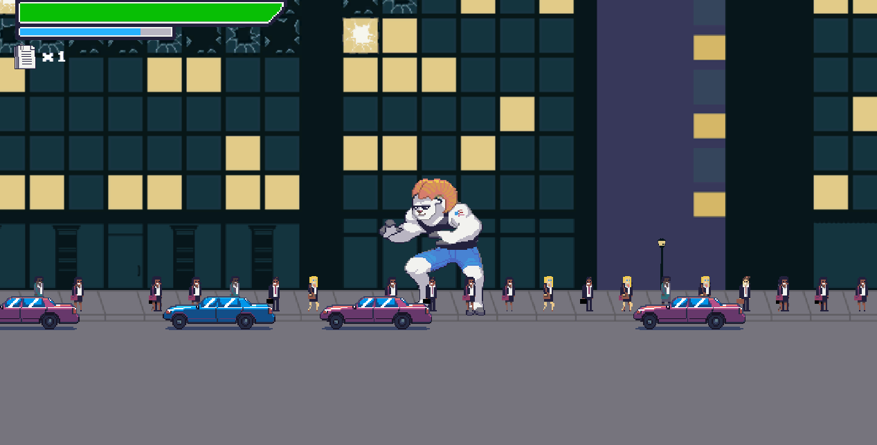 Page Ram character smashing through the city